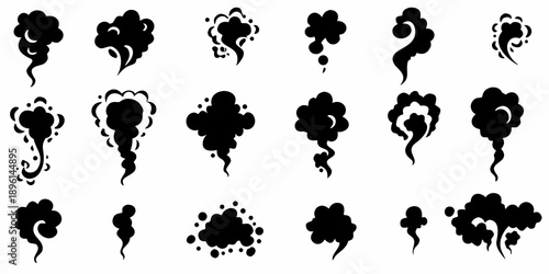 Collection of black smoke puffs and cloud like shapes on white background