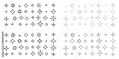 Repeating pattern of sketched stars and sparkling light bursts on white