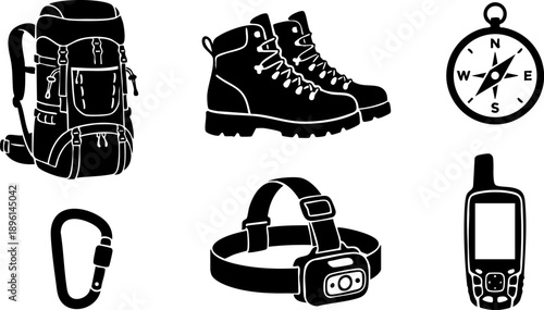 Minimalist Hiking & Outdoor Adventure Vector Silhouette Icons - Trekking Gear Set