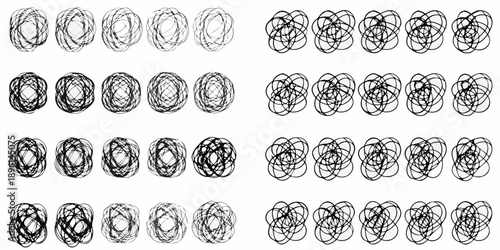 Arrangement of abstract swirling line patterns in a grid format