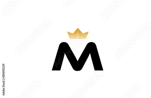 Elegant minimalist M logo featuring bold black  letter with luxurious gold crown accent above, clean vector style for premium branding and identity