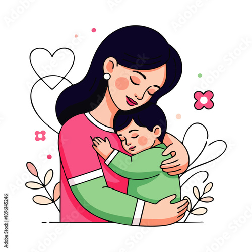 Illustration of a tender woman hugging a sleeping child with hearts and flowers around them on a white background with a warm and loving mood.