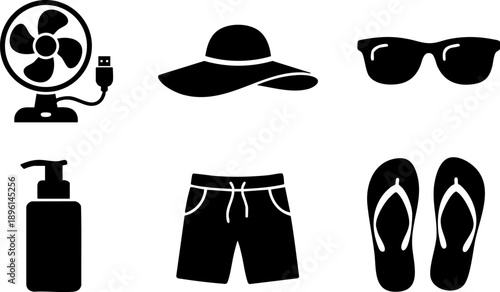 Minimalist Summer Heat Protection & Cooling Gear Vector Silhouette Icons - Beach Lifestyle Set