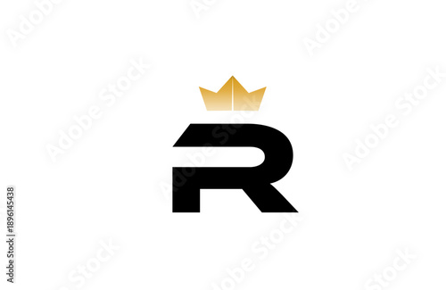 Elegant minimalist R logo featuring bold black  letter with luxurious gold crown accent above, clean vector style for premium branding and identity