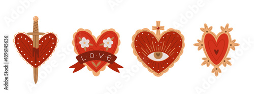Vintage hearts in gothic style. Vector illustrations for St.Valentines Day greeting cards. Design elements on white background. Red hearts with sword, flag, eye. Heart shaped jewelry