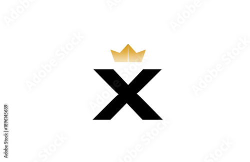 Elegant minimalist X logo featuring bold black  letter with luxurious gold crown accent above, clean vector style for premium branding and identity