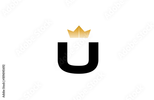 Elegant minimalist U logo featuring bold black  letter with luxurious gold crown accent above, clean vector style for premium branding and identity