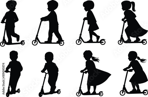 Kids scooter silhouette collection showing boys and girls riding kick scooters playful childhood outdoor activity black vector illustration set