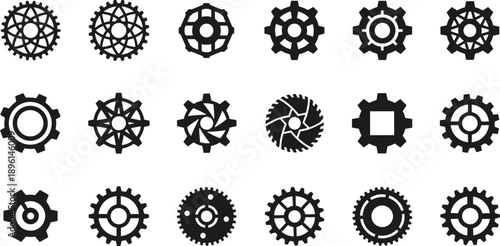 Industrial gear and cogwheel icons set featuring mechanical engineering technology machinery and settings symbols vector illustration