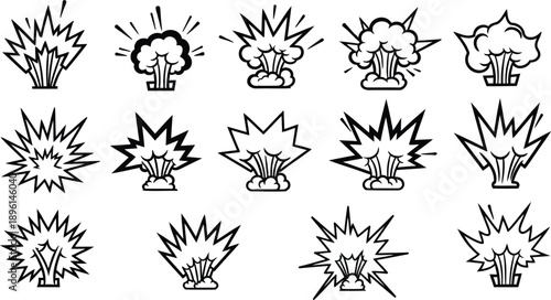 Collection of smoke clouds and fire blast icons in traditional comic book style for action scenes
