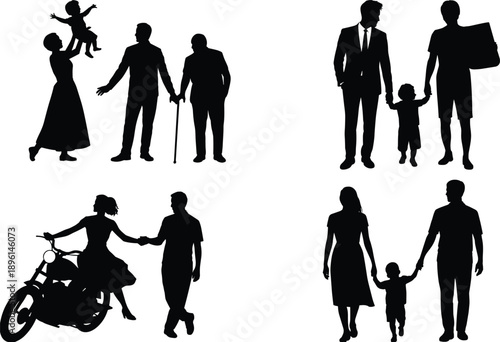 Family silhouette collection showing parents children grandparents love bonding lifestyle moments isolated on white background black vector illustration set