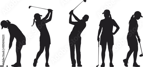 Female golfer silhouette set showing swing putting and follow through poses isolated on white background black vector illustration