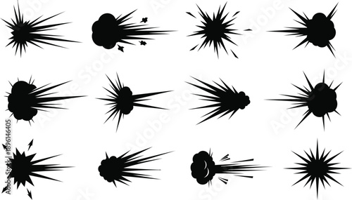 Silhouette style comic book explosions and burst shapes for high contrast graphic design projects