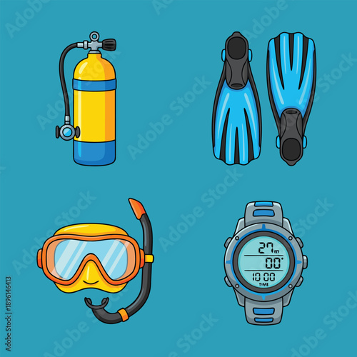 Scuba diving equipment set with oxygen tank, fins, mask, snorkel, and dive watch.
