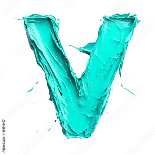 Top view of a 3D letter V made of aqua paint isolated on a white transparent background