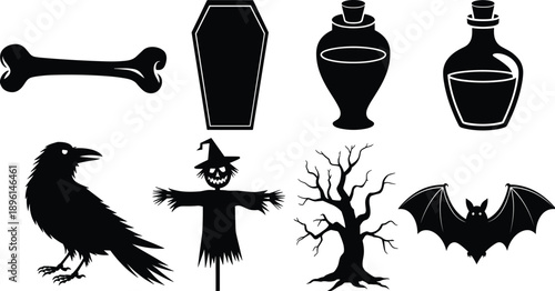 Halloween spooky silhouette icons set with bone coffin raven scarecrow dead tree bat and potion bottles black vector collection
