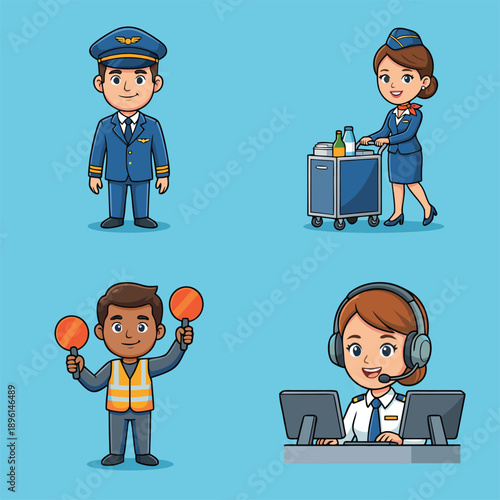 Set of diverse aviation professionals in cartoon style.