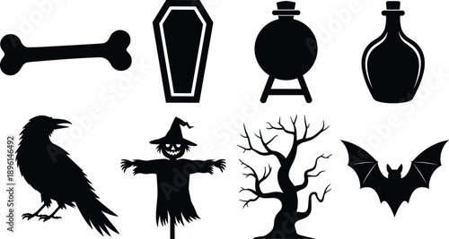 Halloween spooky silhouette icon set featuring bone coffin raven scarecrow dead tree bat potion bottles black vector illustration