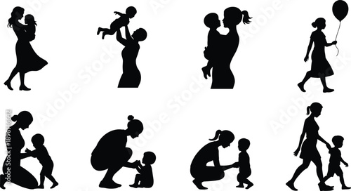 Mother and child silhouette bundle showing playful lifting walking caring bonding family love motherhood moments black vector illustration set