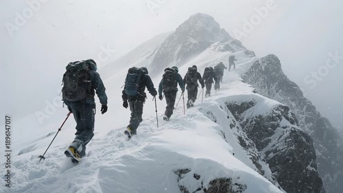 Mountaineers climbing snowy high-altitude mountain in heavy snowstorm