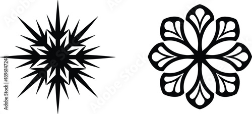 Abstract geometric starburst and ornamental floral mandala symbols set for logo branding tattoo decoration vector design