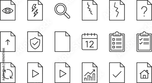 Outline document and file action icons set featuring view edit search calendar checklist and analytics symbols vector