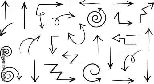 Hand drawn arrow doodle icons set featuring directions swirls curves and sketchy navigation symbols vector illustration