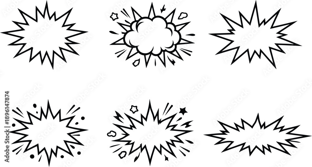 Fototapeta premium Comic book explosion speech bubbles, set of 6 black and white starburst frames, retro pop art shout clouds for graphic design, EPS vector