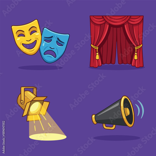 Theater Icons Set - Comedy and Tragedy Masks, Stage Curtain, Spotlight, and Megaphone.