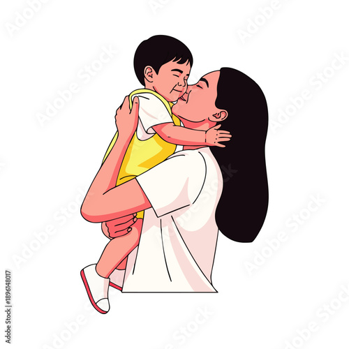 A woman in a white dress playfully kissing a young boy in a yellow shirt, against a clean white background.