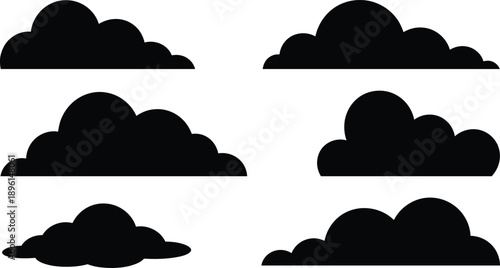 Collection of six stylized black cloud silhouettes against a clean white background offering a graphic design element