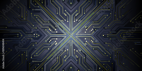 Abstract circuit board pattern with glowing yellow lines on a dark background
