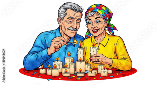 Elderly couple lighting candles together at home on a festive table  