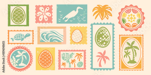 A collection of vintage style illustrated stamps with tropical and floral motifs