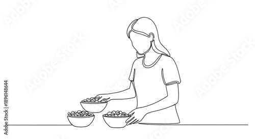 Girl arranging bowls of snacks on a table in minimalist style  