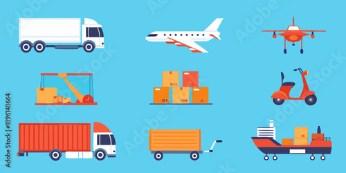 Various transportation vehicles and cargo boxes in a flat design