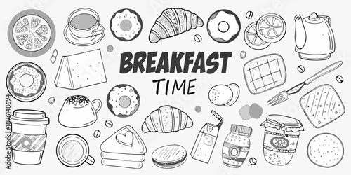 A charming sketch of various breakfast foods and drinks arranged artfully
