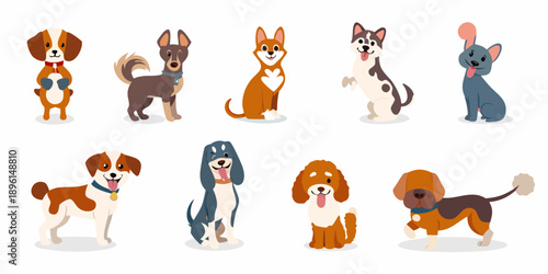 Colorful cartoon illustration of various dog breeds in a playful arrangement
