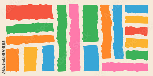 Abstract colorful pattern of torn paper strips arranged in a grid