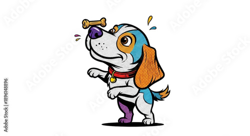 Cartoon dog balancing a bone on its nose and smiling happily  