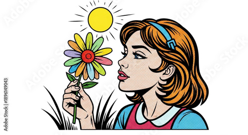 Young girl smelling colorful flower under bright sun in spring  
