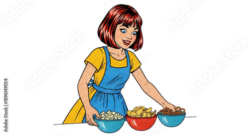 Young girl arranging bowls of snacks with a cheerful expression  
