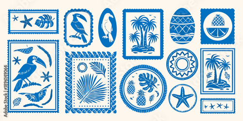 Blue and white tropical themed postage stamps arranged in a grid pattern
