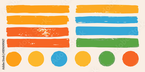 Abstract arrangement of colorful rectangular brushstrokes and matching circular swatches