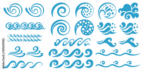 Collection of blue water swirls waves and decorative ocean elements