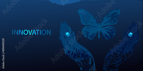 Hands cradling a butterfly shape with the word innovation displayed