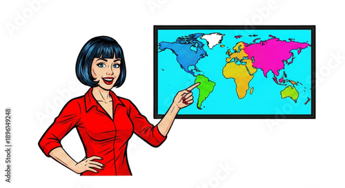 Woman pointing to colorful world map while presenting information  
