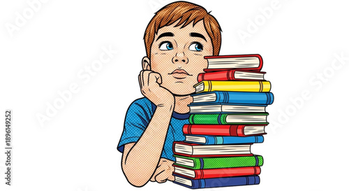 Boy looking thoughtfully at stacked books in colorful illustration  