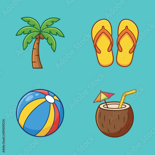 Summer vacation elements set with palm tree flip-flops beach ball and coconut drink.