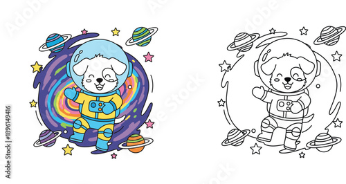Cute Dog Astronaut in Outer Space Coloring Book Page and Colored Vector Illustration Set for Kids, Cartoon Puppy in Spacesuit with Planets Stars and Galaxy Background